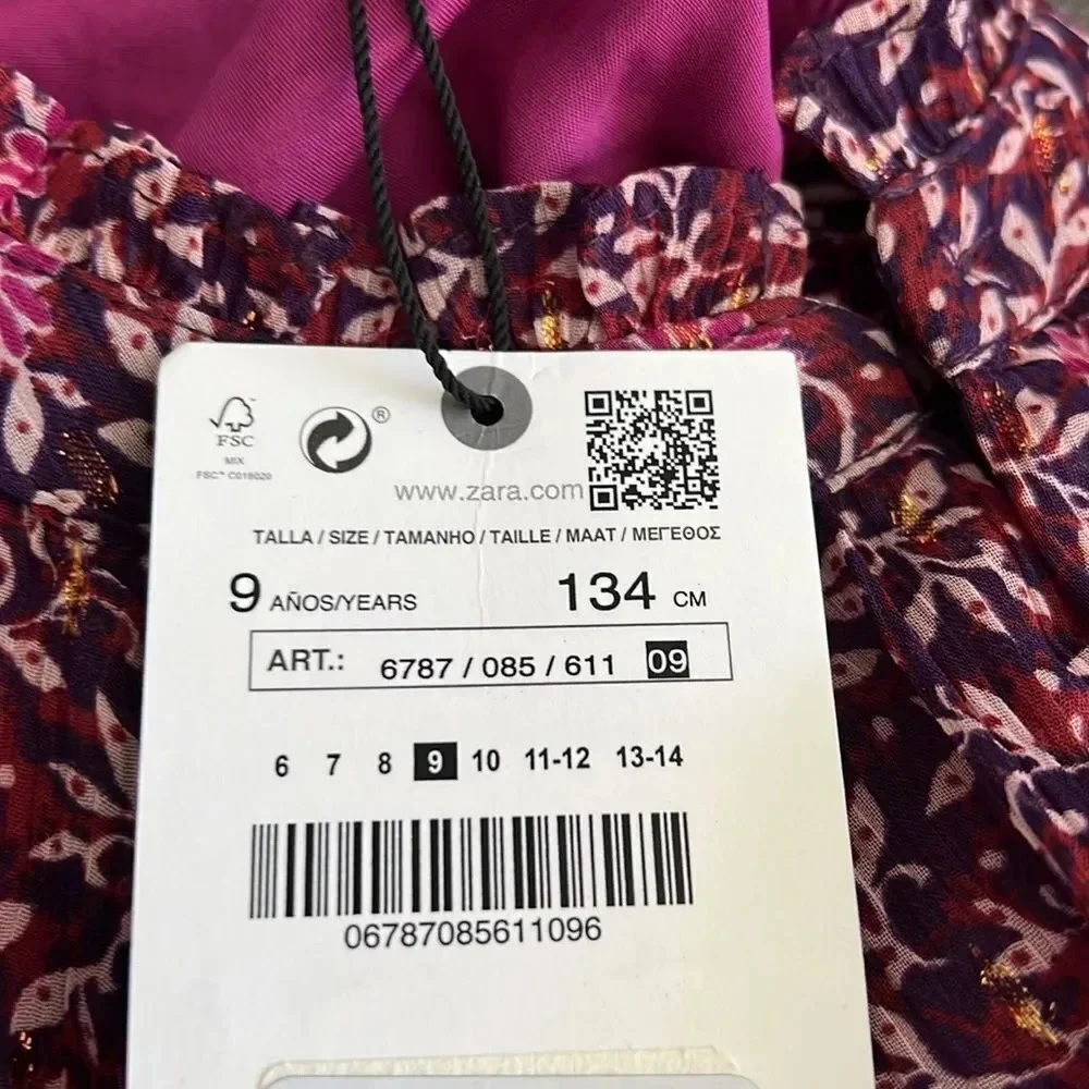 Zara Kids Purple Floral Rhinestone Dress Sizes 6 8 9 NWT Long Sleeve Girls Dress